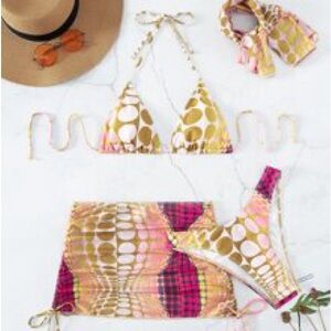 SHEIN Four Piece Bikini, Cover Up Skirt, and Hair Scarf Set